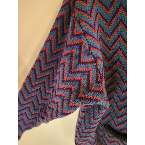 TALLY HO VTG Blue Red Green Chevron Print Button Up Waist Length Cardigan LARGE - Picture 6 of 7